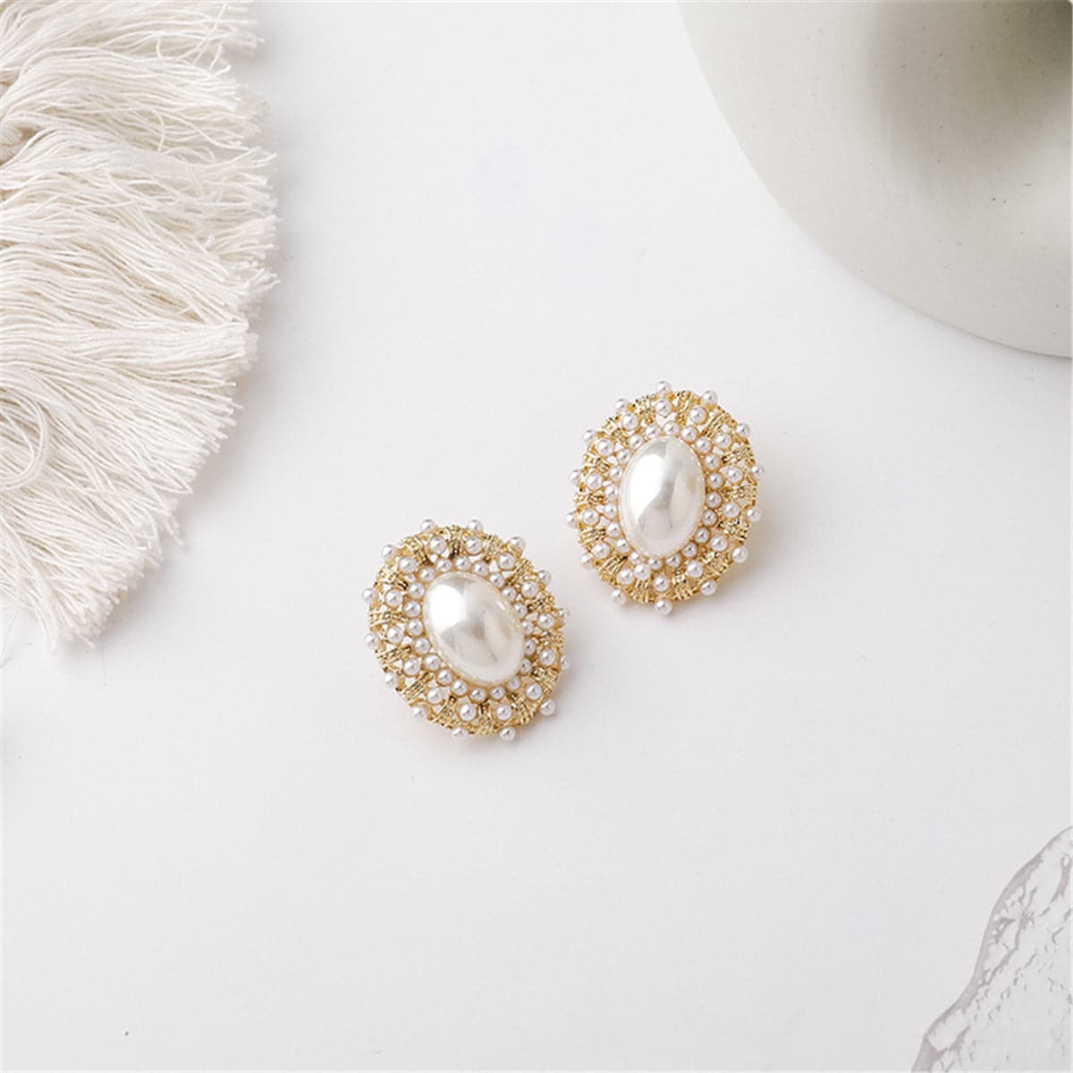 Pearl and 18K Gold-Plated Oval Stud Earrings, gold stud earrings for women, botanical inspired, detail close-up