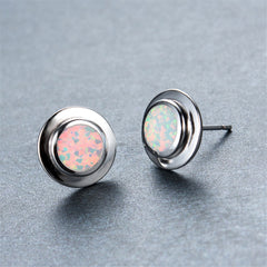 White Opal Round Bezel Stud Earrings