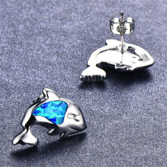 Blue Opal & Cubic Zirconia Dolphin Stud Earrings