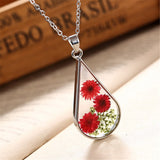 Red & Silvertone Pressed Flower Teardrop Pendant Necklace