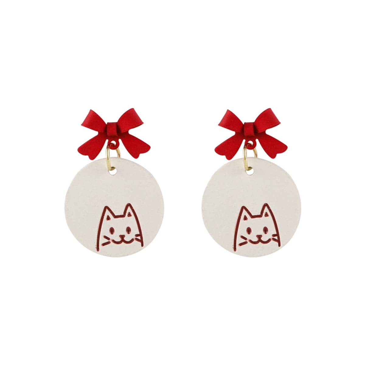 Red and White Enamel Bow Cat Round Drop Earrings, drop earrings for women, dainty minimalist design, front view