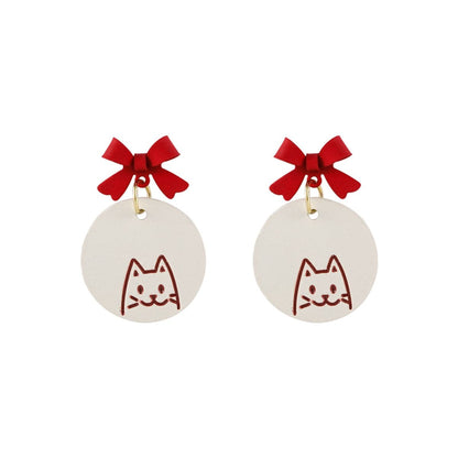 Red and White Enamel Bow Cat Round Drop Earrings, drop earrings for women, dainty minimalist design, front view
