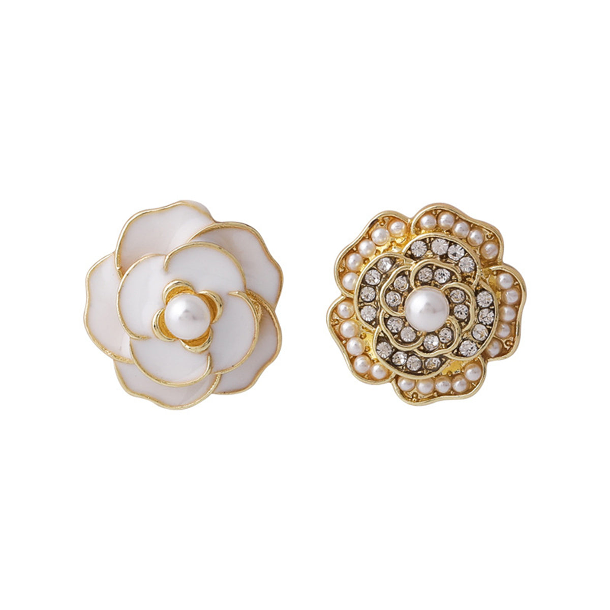 White Enamel & Pearl Camellia Stud Earrings