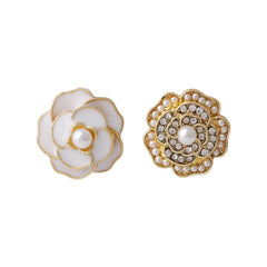 White Enamel & Pearl Camellia Stud Earrings