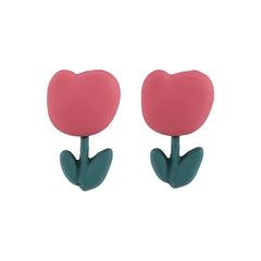 Pink & Green Enamel Tulip Stud Earrings
