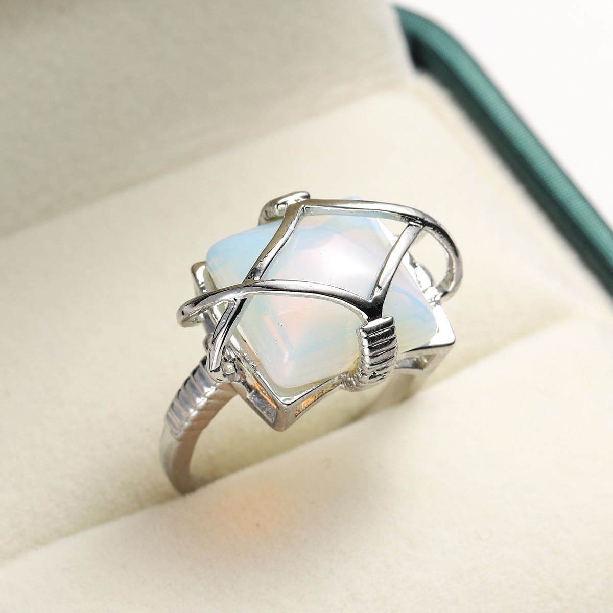 Quartz and Silver-Plated Wire-Wrapped Ring, silver statement rings for women, botanical inspired, side view