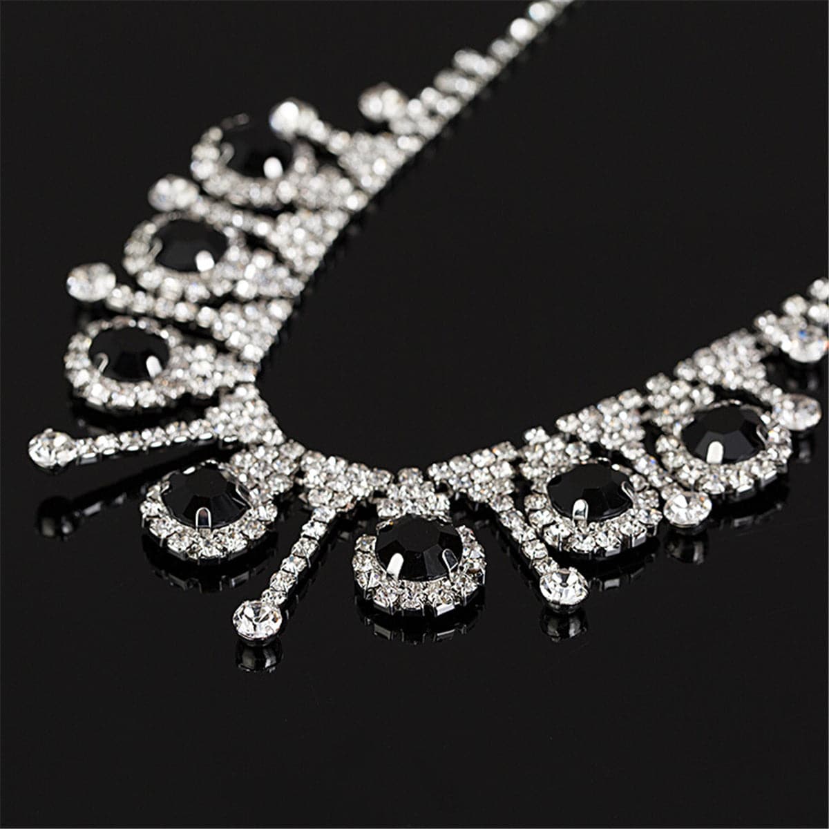 Black & Cubic Zirconia Round Statement Necklace & Drop Earrings