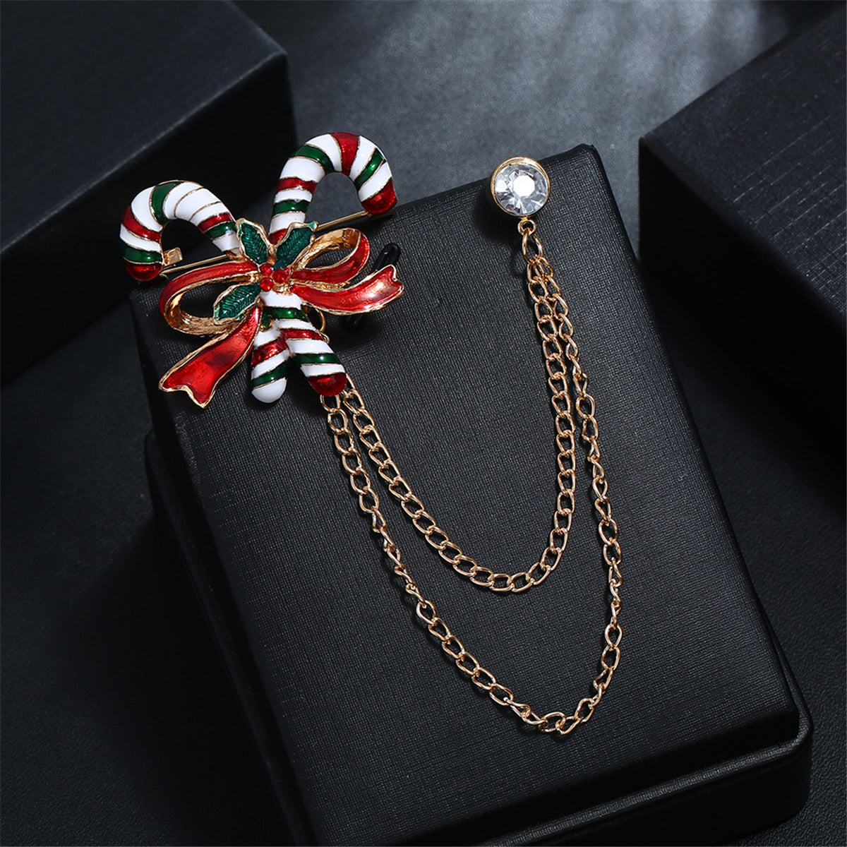 Cubic Zirconia and Enamel 18K Gold-Plated Candy Cane Layered Chain Brooch, gold brooch pin, side view