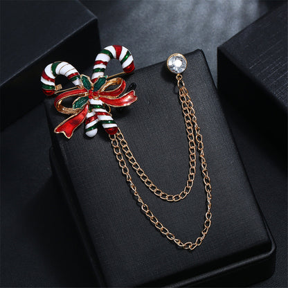 Cubic Zirconia and Enamel 18K Gold-Plated Candy Cane Layered Chain Brooch, gold brooch pin, side view
