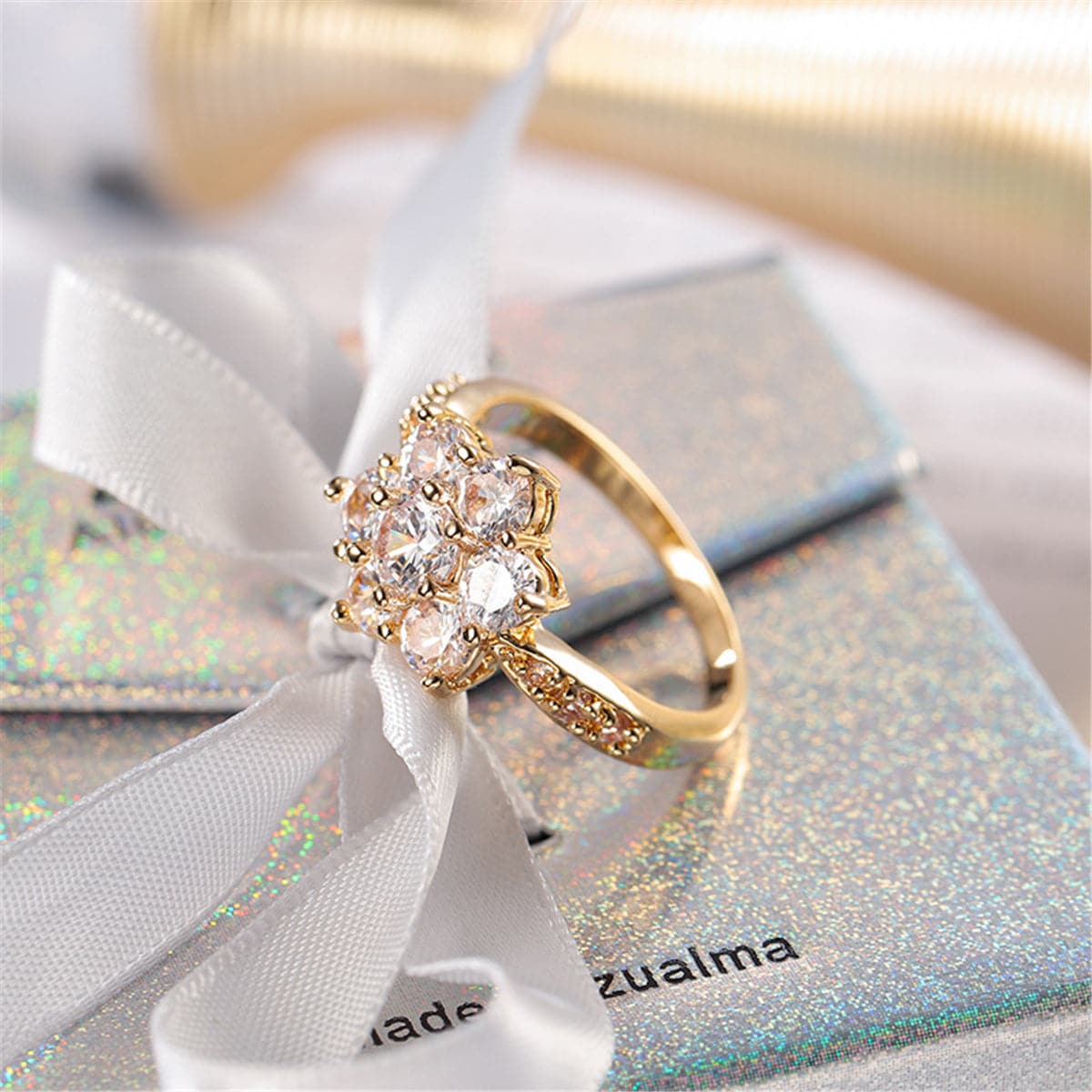 Cubic Zirconia and 18K Gold Plated Sunflower Ring, gold statement rings for women, elegant gift for her, detail close-up