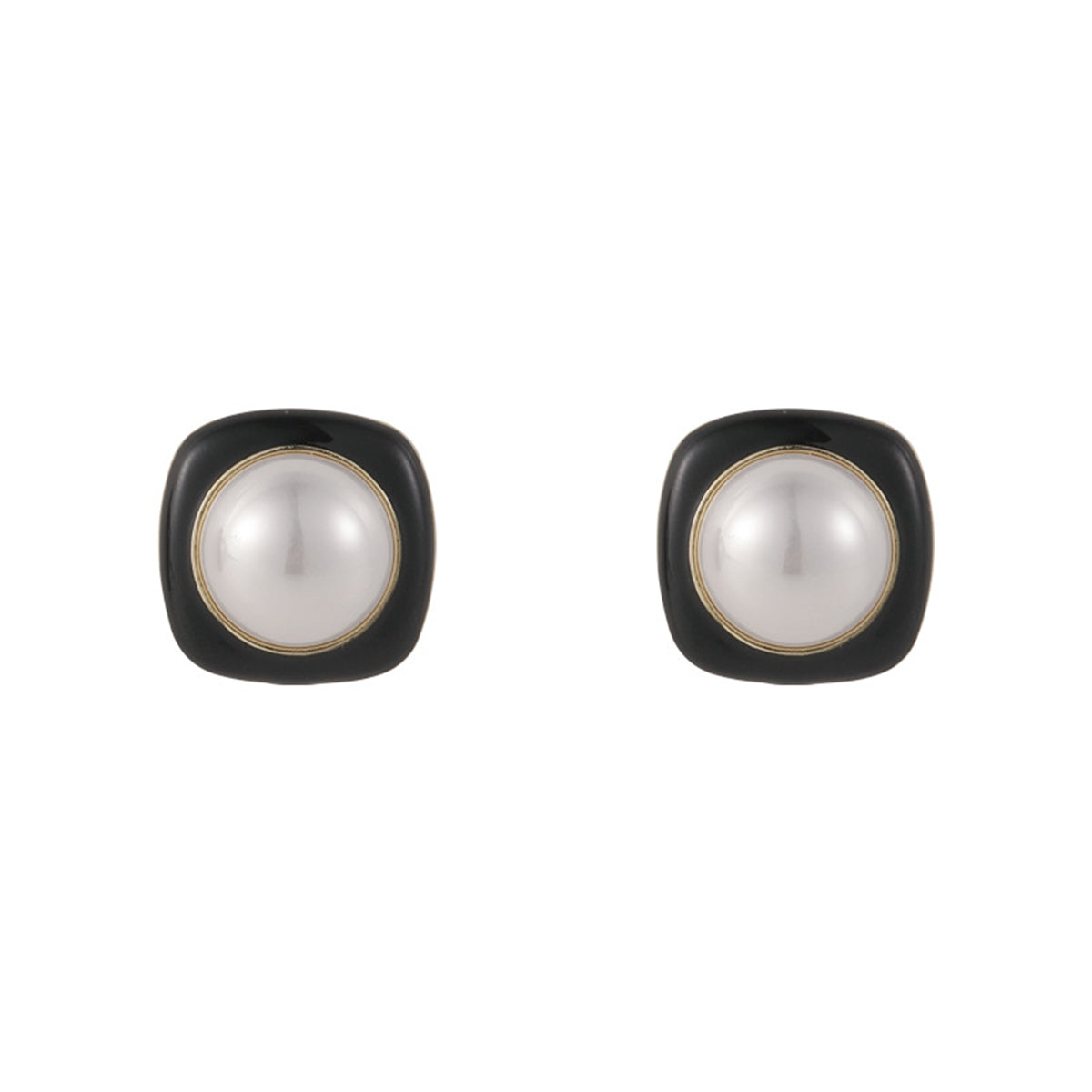 Black Enamel and Pearl Square Stud Earrings, stud earrings for women, everyday style, side view