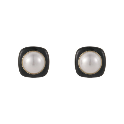 Black Enamel and Pearl Square Stud Earrings, stud earrings for women, everyday style, side view