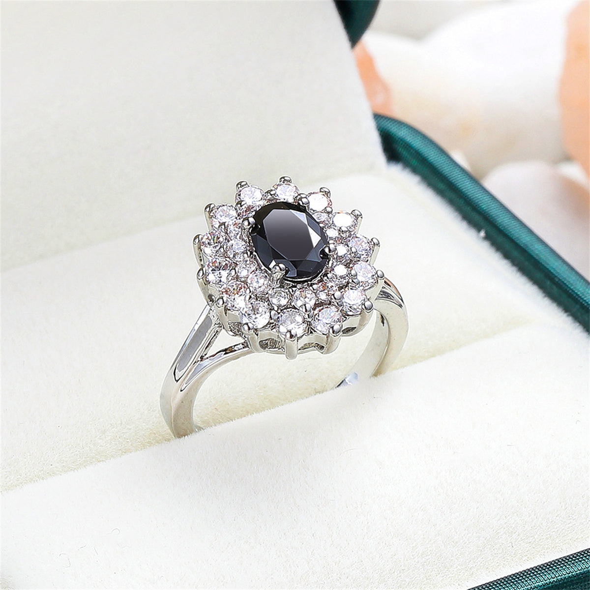 Cubic Zirconia & Black Crystal Flower Halo Ring