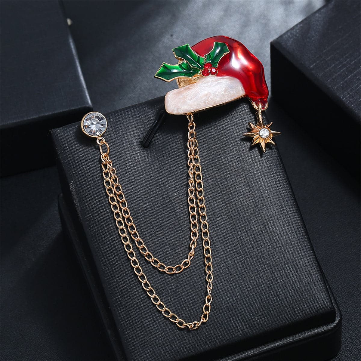 Cubic Zirconia and Santa Hat Layered Chain Brooch, brooch pin, elegant gift for her, side view