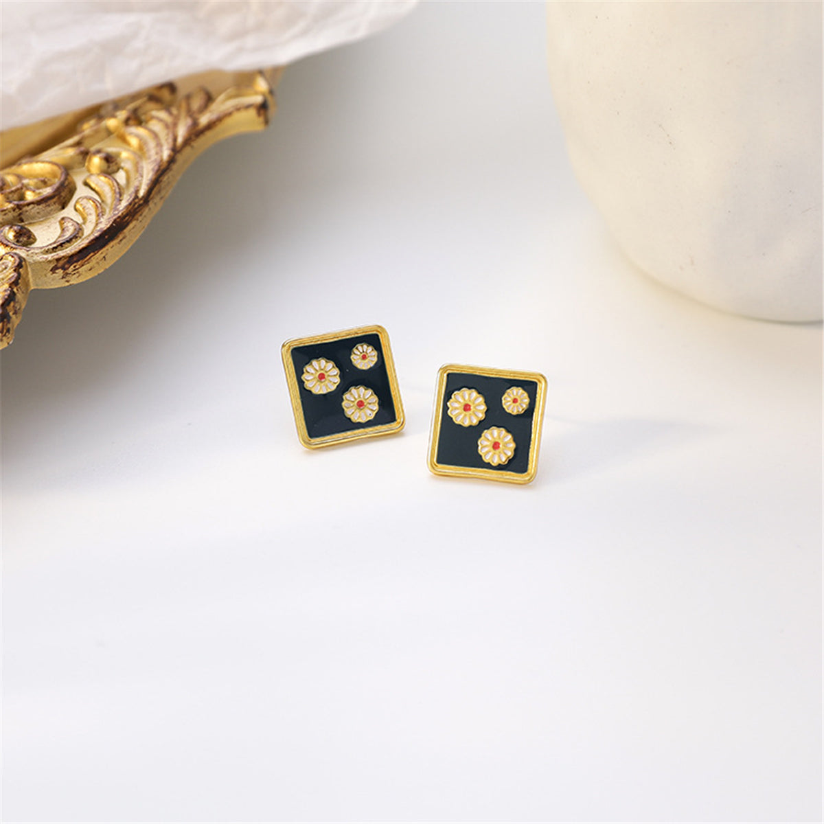 Black Enamel and 18K Gold-Plated Three Mums Square Stud Earrings, gold stud earrings for women, detail close-up