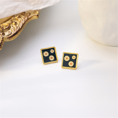 Black Enamel and 18K Gold-Plated Three Mums Square Stud Earrings, gold stud earrings for women, detail close-up