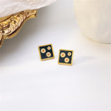 Black Enamel & 18k Gold-Plated Three Mums Square Stud Earrings