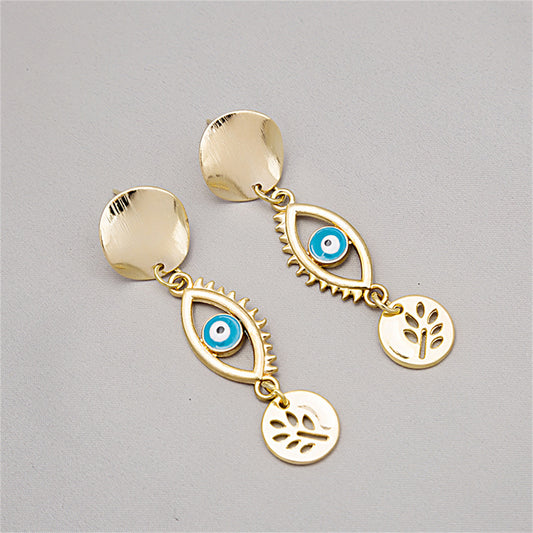 Enamel and 18K Gold-Plated Devil Eye Branch Drop Earrings, gold drop earrings for women, botanical inspired, front view