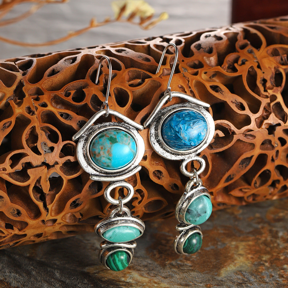 Turquoise & Crystal Silver-Plated Tiered Drop Earrings