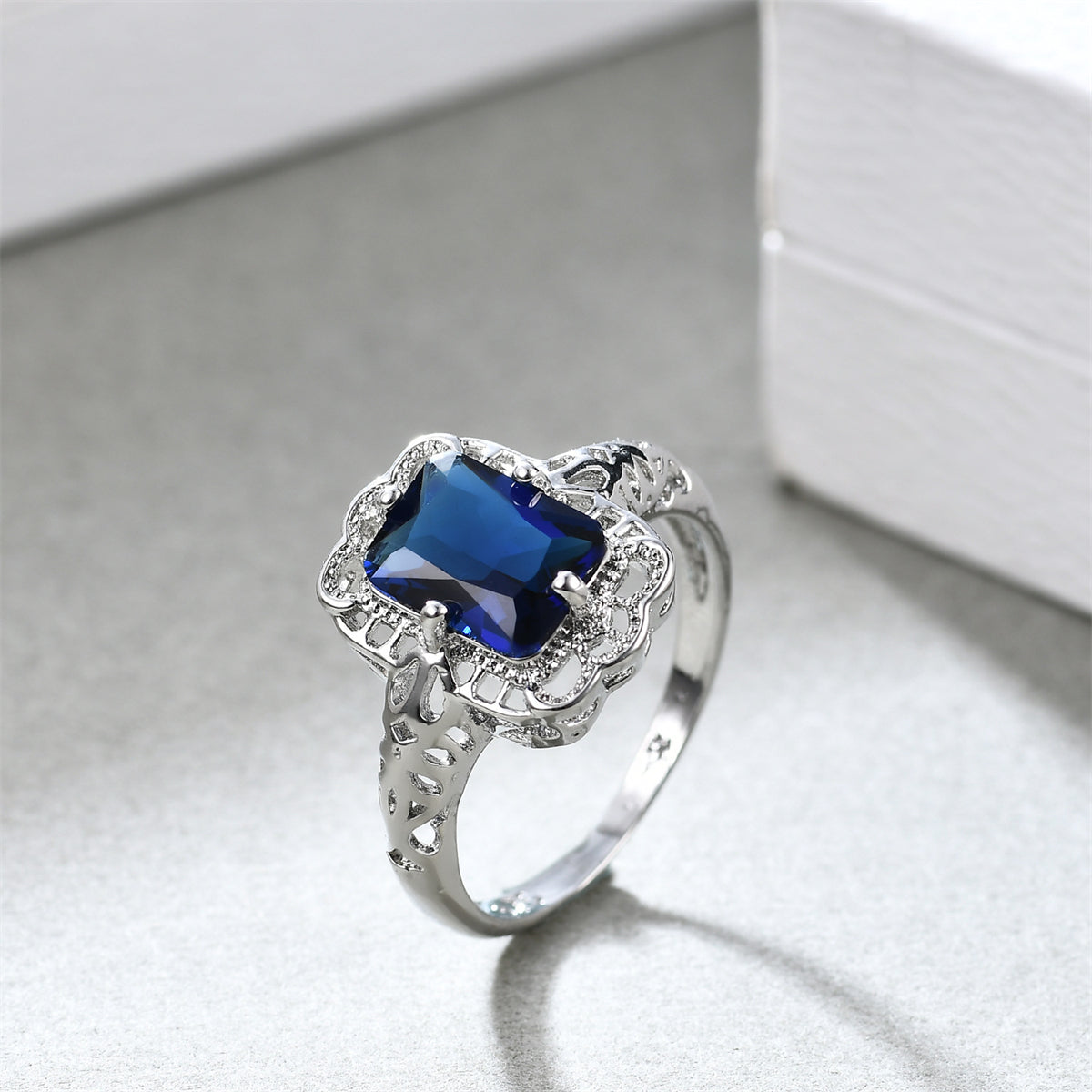 Navy Crystal & Silver-Plated Radiant-Cut Ring