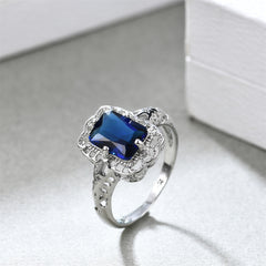 Navy Crystal & Silver-Plated Radiant-Cut Ring