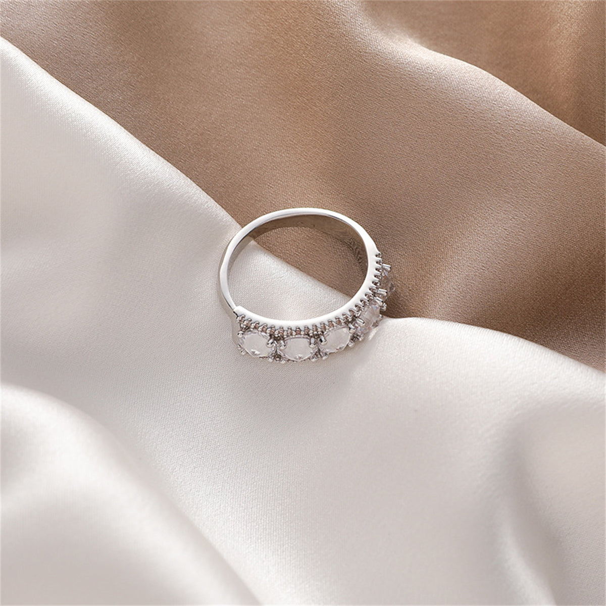 Crystal and Silver-Plated Round-Cut Channel Band Ring, silver statement rings for women, vintage-inspired design, side view
