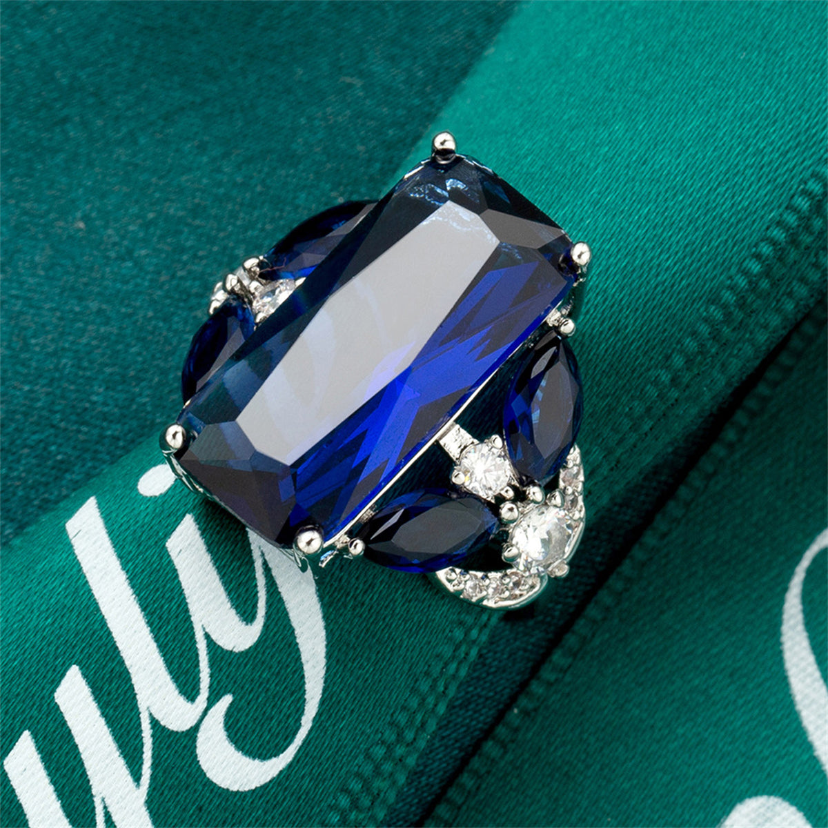 Cubic Zirconia and Blue Crystal Rectangle Ring, statement rings for women, dainty minimalist design, lifestyle look