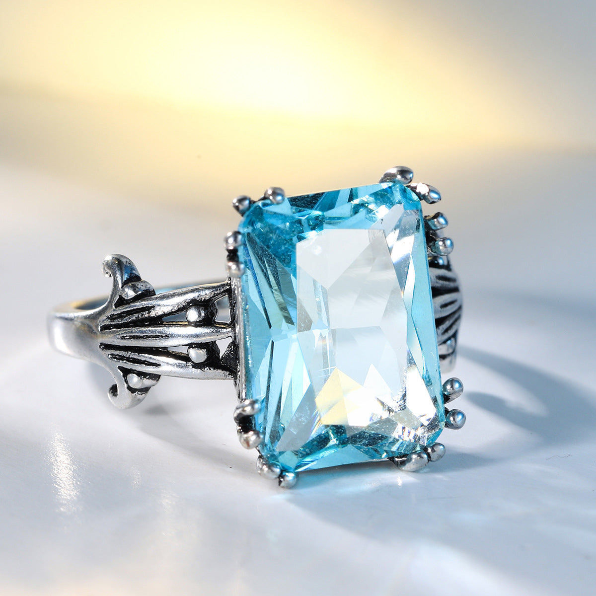 Sea Blue Crystal & Silver-Plated Oxidized Radiant-Cut Ring