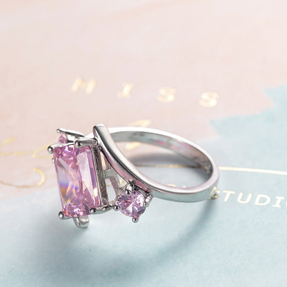 Pink Crystal and Cubic Zirconia Curve Princess-Cut Ring, statement rings for women, botanical inspired, side view