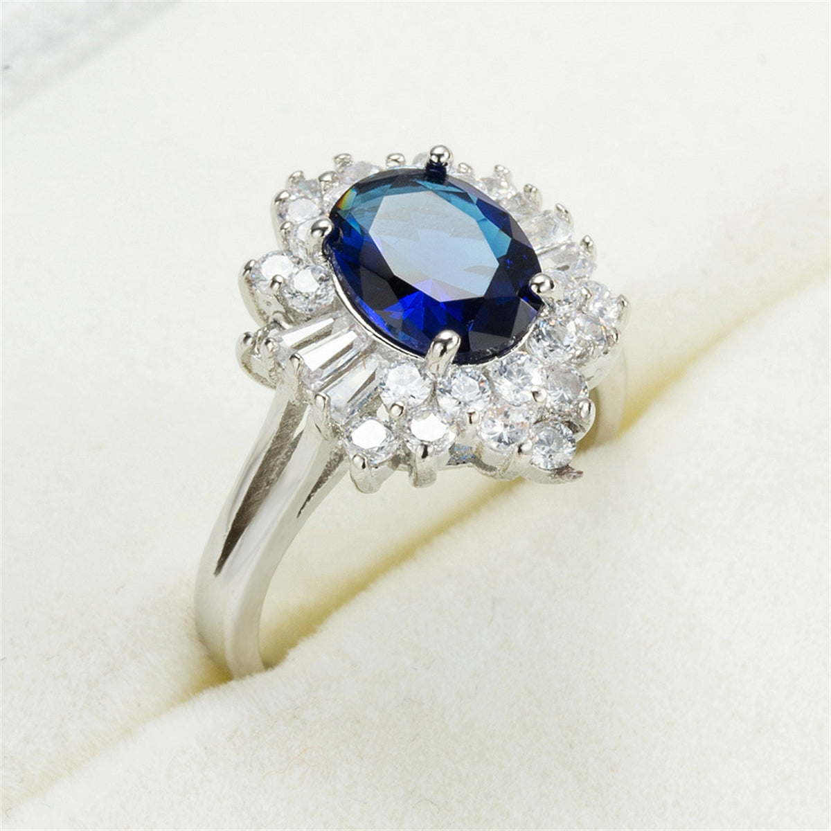 Navy Crystal & Cubic Zirconia Silver-Plated Flower Ring