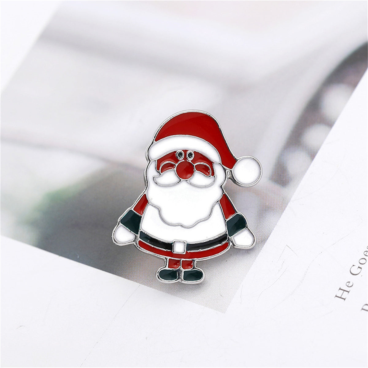 Silver-Plated and White Enamel Santa Brooch, silver brooch pin, botanical inspired, front view
