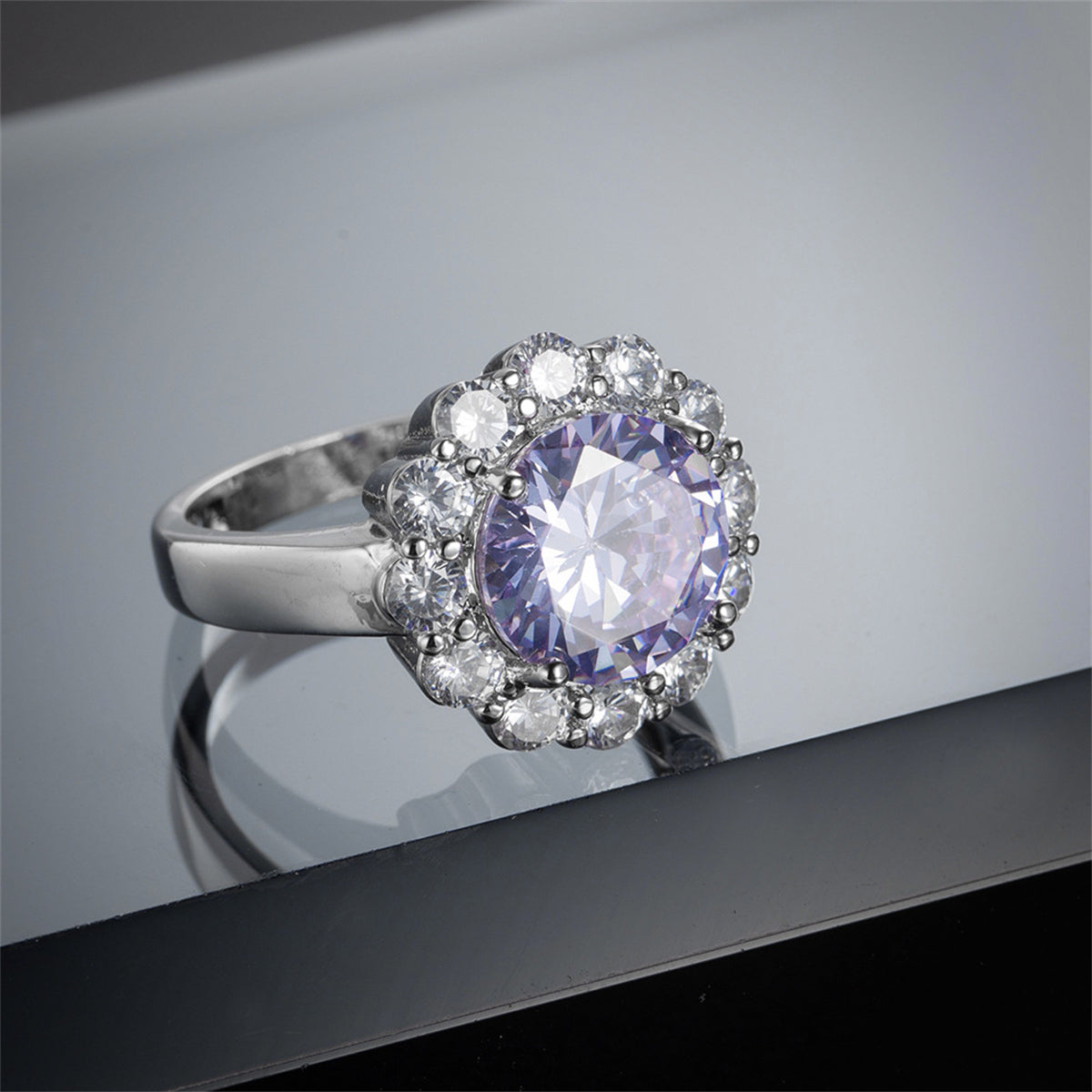 Blue Crystal and Cubic Zirconia Silver-Plated Halo Ring, silver statement rings for women, detail close-up