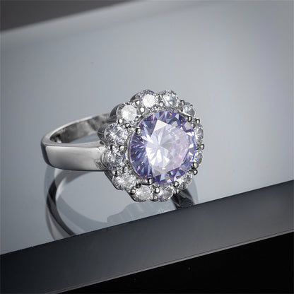 Blue Crystal and Cubic Zirconia Silver-Plated Halo Ring, silver statement rings for women, detail close-up
