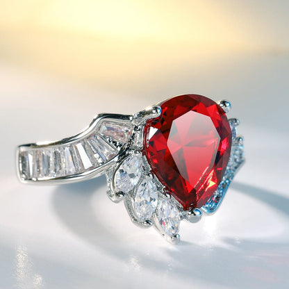 Red Crystal and Cubic Zirconia Pear Asymmetrical Ring, statement rings for women, elegant gift for her, detail close-up