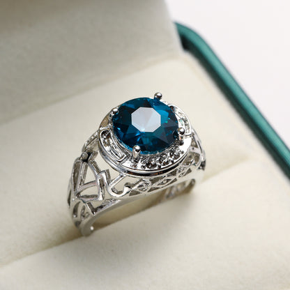 Blue Crystal and Silver-Plated Filigree Cocktail Ring, silver statement rings for women, vintage-inspired design, front view