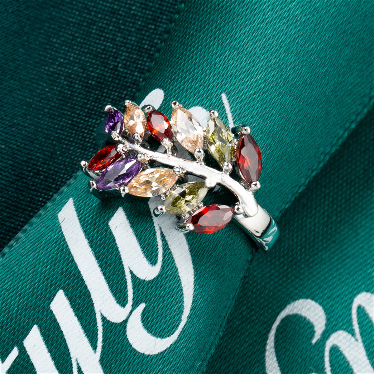 Marquise Crystal & Silver-Plated Leaf Ring