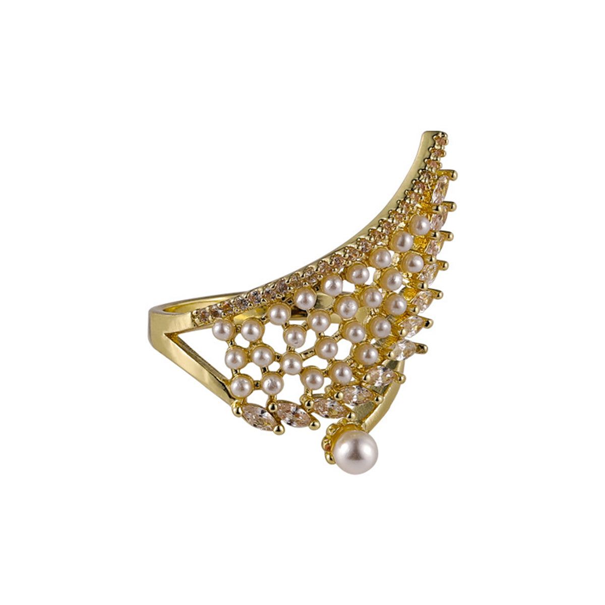 Cubic Zirconia and White Pearl 18K Gold-Plated Wing Bypass Ring, gold statement rings for women, front view