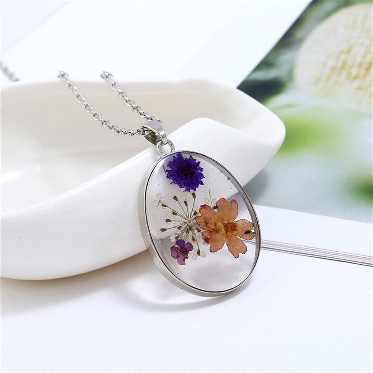 Purple and Orange Pressed Flower Oval Pendant Necklace, pendant necklace for women, elegant gift for her, front view