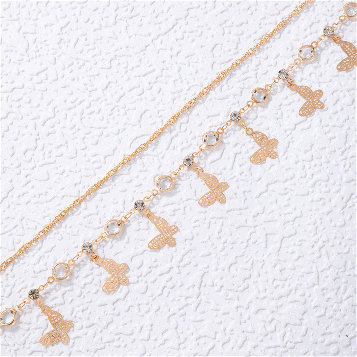 Cubic Zirconia & 18K Gold-Plated Butterfly Openwork Charm Anklet Set