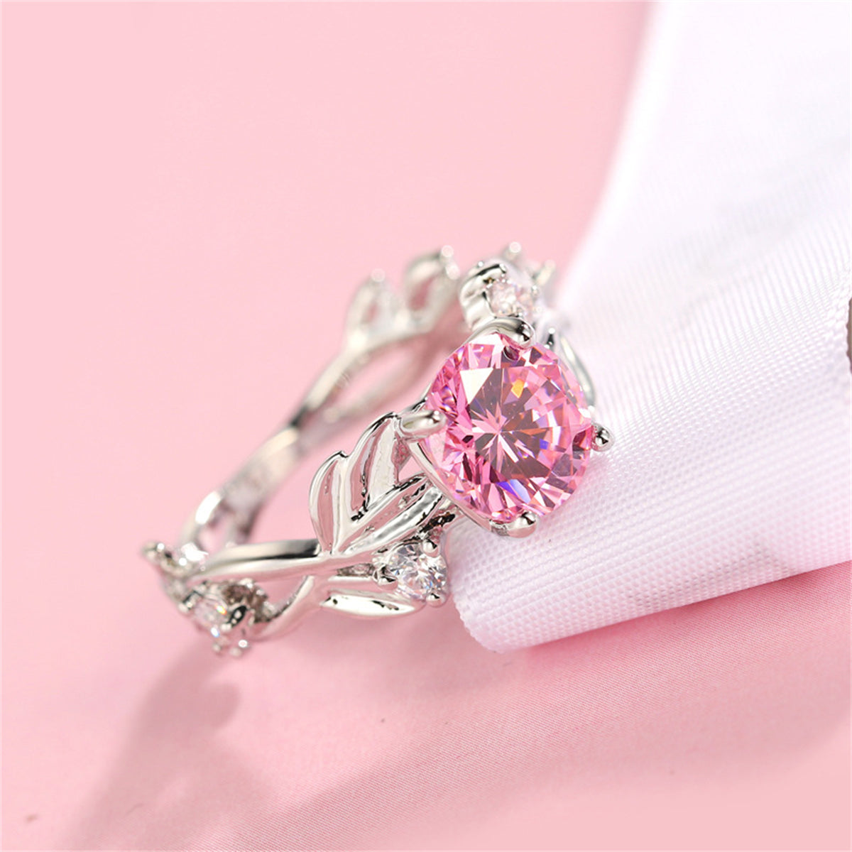 Pink Crystal and Silver-Plated Round-Cut Ring, silver statement rings for women, everyday style, detail close-up