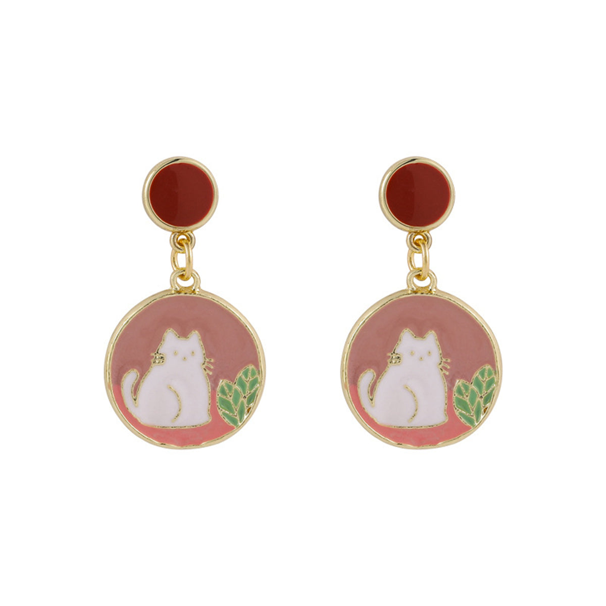 Pink Enamel & 18K Gold-Plated Round Cat Drop Earring