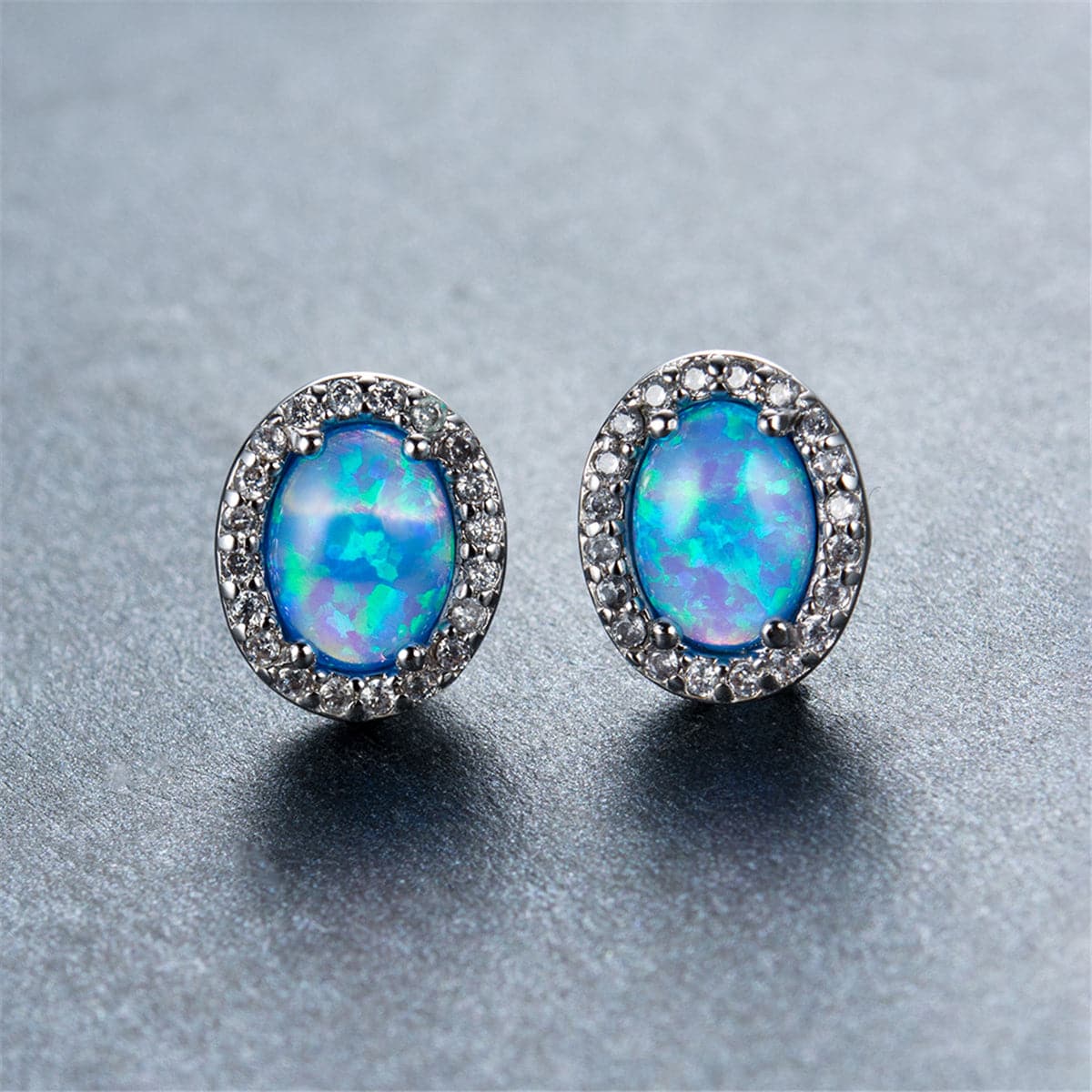 Blue Opal & cubic zirconia Oval Halo Stud Earrings - streetregion