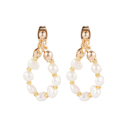 Pearl and 18K Gold-Plated Teardrop Ear Jackets, gold drop earrings for women, dainty minimalist design, front view