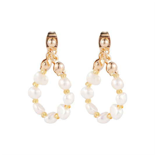 Pearl and 18K Gold-Plated Teardrop Ear Jackets, gold drop earrings for women, dainty minimalist design, front view