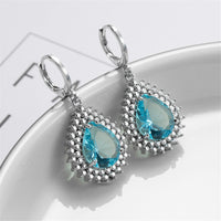 Blue Crystal & Silver-Plated Pear-Cut Halo Drop Earrings