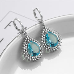 Blue Crystal & Silver-Plated Pear-Cut Halo Drop Earrings