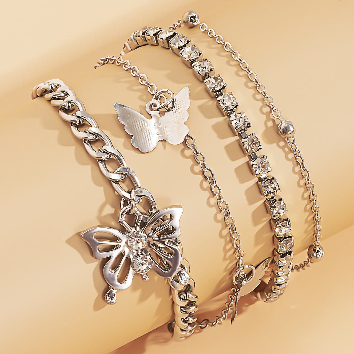 Cubic Zirconia and Silver-Plated Butterfly Charm Anklet Set, jewelry gift sets for women, lifestyle look