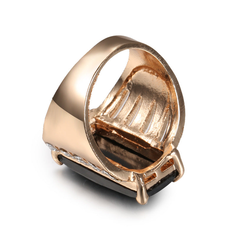 Black Crystal and Cubic Zirconia 18K Gold-Plated Rectangle Prong Ring, gold statement rings for women, side view