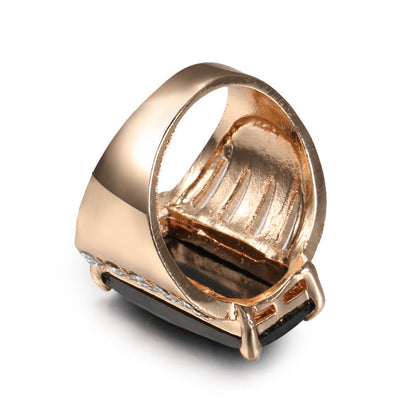 Black Crystal and Cubic Zirconia 18K Gold-Plated Rectangle Prong Ring, gold statement rings for women, side view