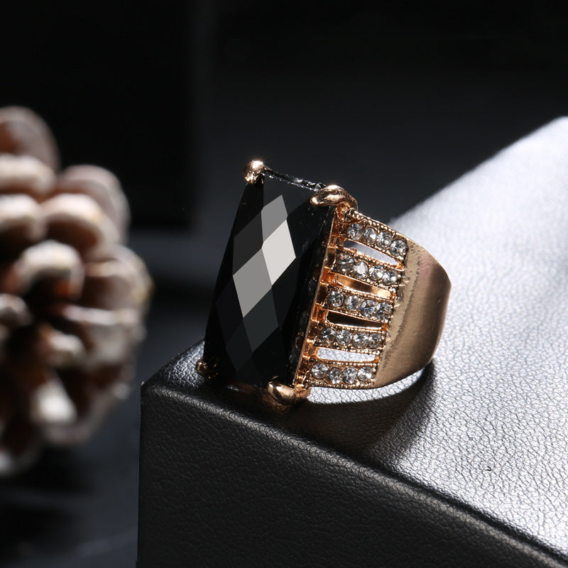 Black Crystal and Cubic Zirconia 18K Gold-Plated Rectangle Prong Ring, gold statement rings for women, detail close-up